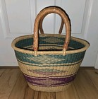 African Bolga Ghana Market Basket Hand Made Diamond Check Green Purple 