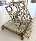 Vtg Brass Folding Book Stand Holder Open Filigree Design Display Decor 9 wx7 5ht