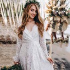 Lace Wedding Dress Boho V-neck Backless Long Sleeve Beach Bridal Gowns Bride