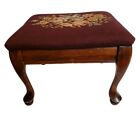 Antique Wood Footstool Ottoman Embroidered Needlepoint Flowers Burgundy 14x12x10
