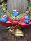 Vtg Ceramic Christmas Holly Wreath With Elves Scioto Mold Bluebirds Holly Leaves