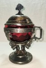 Antique Webster Silverplate Cranberry Thumbprint Glass Candy Dish Lid Victorian