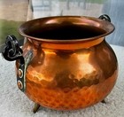 Vintage Hammered Copper Cauldron Pot With Feet   Wrought Iron Handle 3  Across