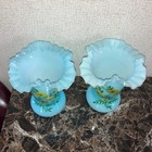 Matched Pair  Antique Blue Opaline Bristol Glass Vases Ruffled Edge Handpainted