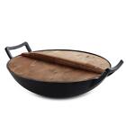 Wok 14 In  Dia Black Heavy Duty Cast Iron Pre-seasoned Oven Safe Wooden Lid