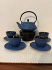 Chinese 12 Pc  Cast Iron Blue Tea Set  Teapot  Warmer And Cups And Saucers