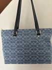 Coach Signature Blue Tote W  Leather Straps  Zip Closure  Hang Tag  Pockets