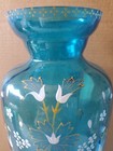 Antique Hand Blown Blue Glass Vase Hand Painted Flowers 14 5  Tall