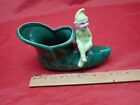 Vintage Treasure Craft Ceramic Lime Green Pixie Elf Sitting On Dark Green Shoe