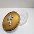 Vintage Art Deco Vanity Footed Ribbed Glass Powder Jar Floral Metal Top