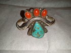 Vintage Navajo Sterling Silver Turquoise Red Coral Cuff Bracelet Signed M t  Jr 