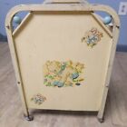 Vintage Amsco White Metal Doll E Crib W  Wooden Wheels Lamb Decals