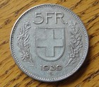 1939 B Switzerland 5 Francs Silver Coin Helvetia Swiss Coin
