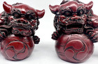 2  Vintage Wood Carved Red Foo Fu Dogs Chinese Guardian Lions Figurines 3  Tall