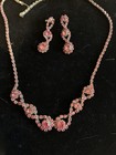 Vintage Pink Round Rhinestone Silver Tone Necklace   Dangle Earrings Jewelry Set