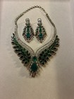 Green Teardrop Crystal Rhinestone Necklace   Earrings Set Silver Plated Tone