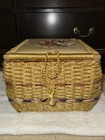 Large Vintage Woven Wicker Sewing Basket Box W handle  Satin Lining Taiwan