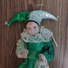 Vintage Small Porcelain Harlequin Jester Doll Green White Outfit 9 