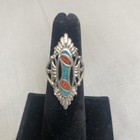 Vintage Southwestern Ring Onyx Coral Turquoise Chip Inlay Silver Tone Sz 5 5