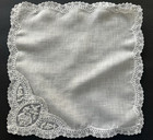 A  Vintage White 100  Linen Hankie Brussels Lace Tiny Sewn Pearls Wedding Bride