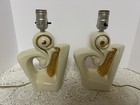 Cool Pair Of Mid Century Modern Mcm Cream   Gold Vintage Glass Ceramic Lamps