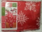 Festive Red Metallic Tablecloth With White Snowflakes For Fine Christmas Dinning
