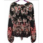 Free People Floral Tie Front Blouse Black Red Long Sleeve V-neck Top Large
