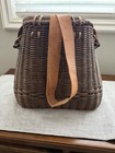 Vintage Woven Wicker Fly Fishing Creel Basket W  Leather Shoulder Strap