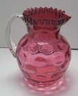  Pitcher Cranberry Inverted Ruffled Edge Applied Clear Handle Vintage Lrg Fenton