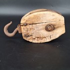 Vintage Wooden Block   Tackle Pulley With Metal Hook Rustic Farm Nautical