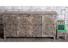 Antique Whitewash Sideboard Brass Studs Floral Carved Buffet Credenza 72x35