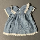 Vintage Oshkosh Toddler 18 Mos Denim Ruffle Puff Sleeve Dress Floral Embroidered