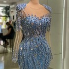Luxury Blue Pearls Evening Dresses sequin Beading Long Sleeve Mermaid Prom Gowns