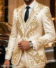 Men Suits Gold Embroidered 3   piece Suit Luxury Crystal Wedding Groom Tuxedo