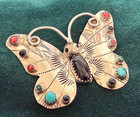 Frank Yazzie Fy Navajo Sterling Silver Turquoise Coral Onyx Butterfly Brooch Pin