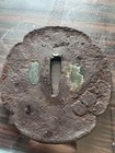 Black Iron Tsuba With Flower Decoration  Round  Green Accents  Used