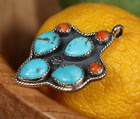 Rare  Prickly Pear Cactus Turquoise   Coral Navajo Sterling Silver Pendant