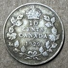 Canada - 1929 - 10 Cents - 96 Year Old  8000 Silver Coin - King George V