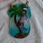 Glass Flamingo   Palm Tree Suncatcher W  Rope Hanger 6in Blue Green Pink
