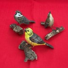 Lot Wooden Hand Carved  painted Birds Folk Art On Driftwood Glass Eyes Wire Legs