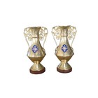 Pair Of Antique French Vase Brass Handle Blue Enamel Shields Church Ritual 