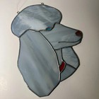 Vintage Stained Glass Poodle Suncatcher Window Hanging Blue Dog Panel Art