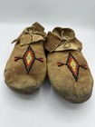 Vintage Beaded Leather Moccasins Handmade Native American Style Brown Shoes