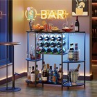 Wine Bar Cabinet W  Led Lights Mini Bar Cart Storage Glass Holder Black Wood