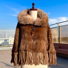 Pastel Mink Cape Poncho Parka Real Fox Fur Hood Brown Free Size Coat Authentic
