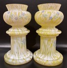 Antique Pair Of Lemon Splatter Glass Bohemian Vases With Hand Painted Enamel