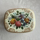 Vintage Small Floral  Gold And Beige Hinged Tin Container Made In England
