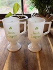 Vintage Irish Coffee Milk Glass Pedestal Mugs Set Of 2 Green Shamrock