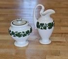 German Meissen Green Ivy Porcelain Cream   Sugar Set Swan Handle 1 Chip On Sugar