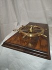 Vintage Maritime Brass Ships Wheel Solid Oak Wood Hanger Wall Decor Plaque